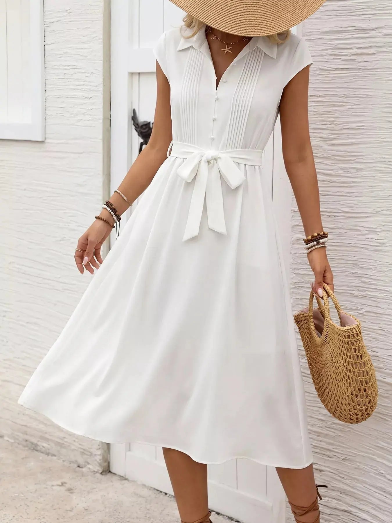 Cap Sleeve Tie Waist Midi Dress | White Cap Sleeve Tie Waist Midi Dress | White