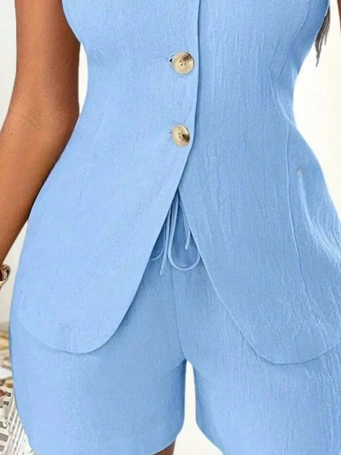 Sleeveless Button-Down Vest & Shorts Set Trendsi