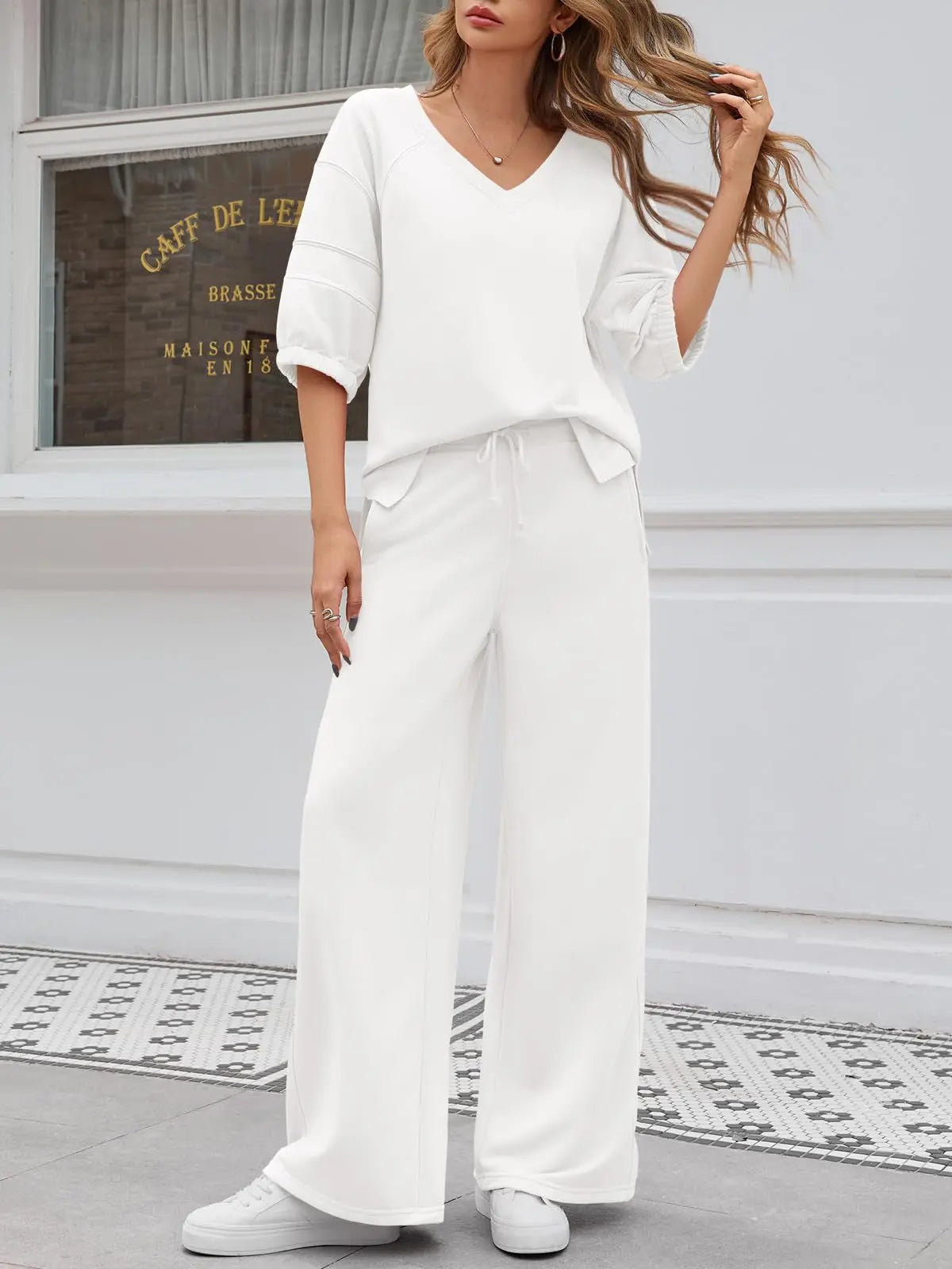 Women 2 Piece Tracksuit Set – Casual V Neck Shirt & Wide Leg Running Pants, Loose Workout Outfit - Fresh& Vintage
