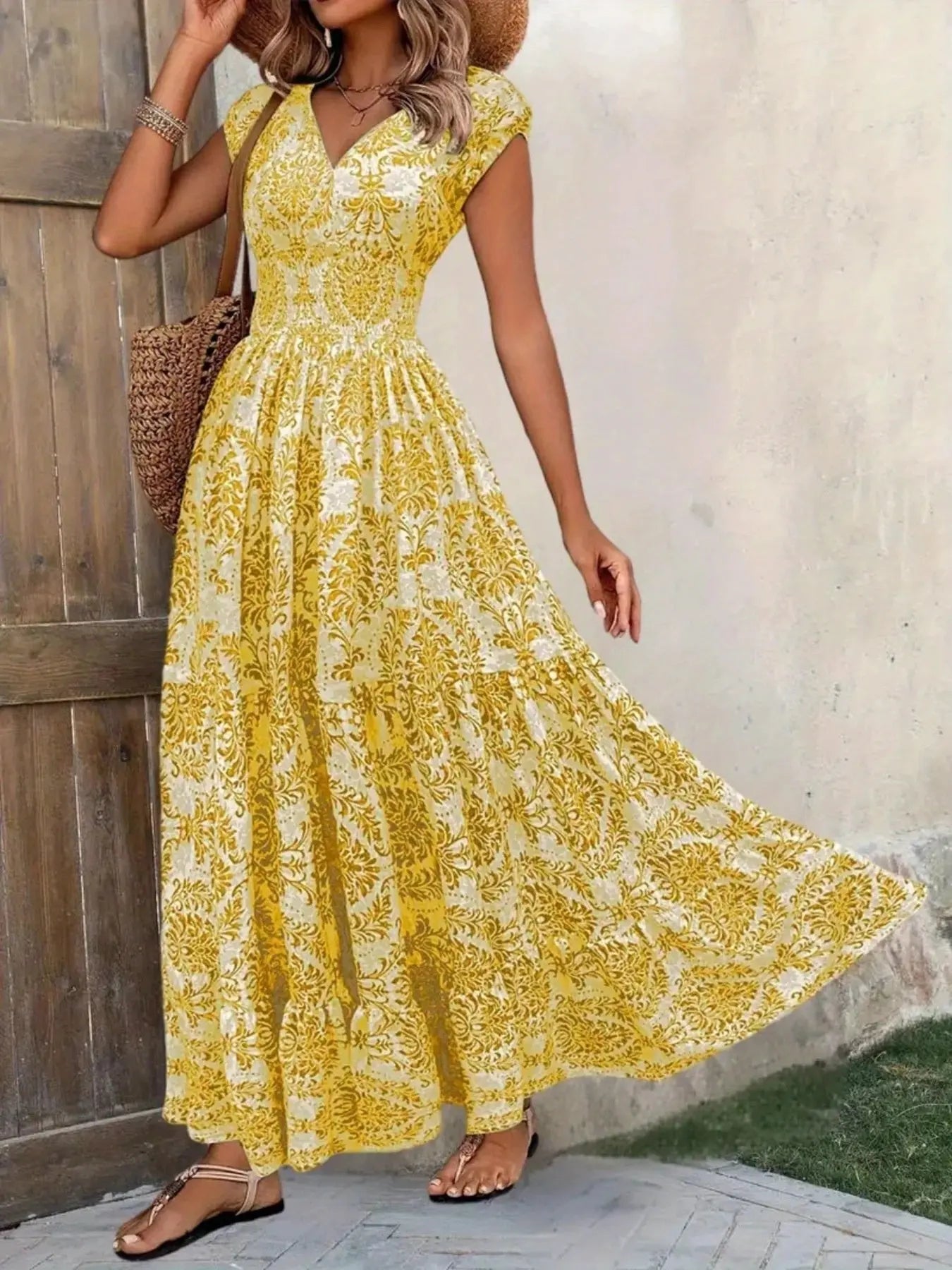 Printed Cap Sleeve Tiered Maxi Dress with Smocked Waist Trendsi