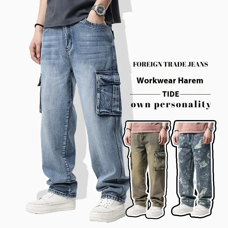 Men's Hip Hop Retro Multi-Pocket Denim Pants
