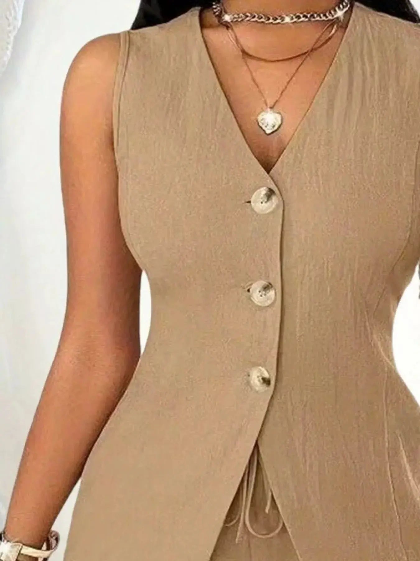 Sleeveless Button-Down Vest & Shorts Set Trendsi
