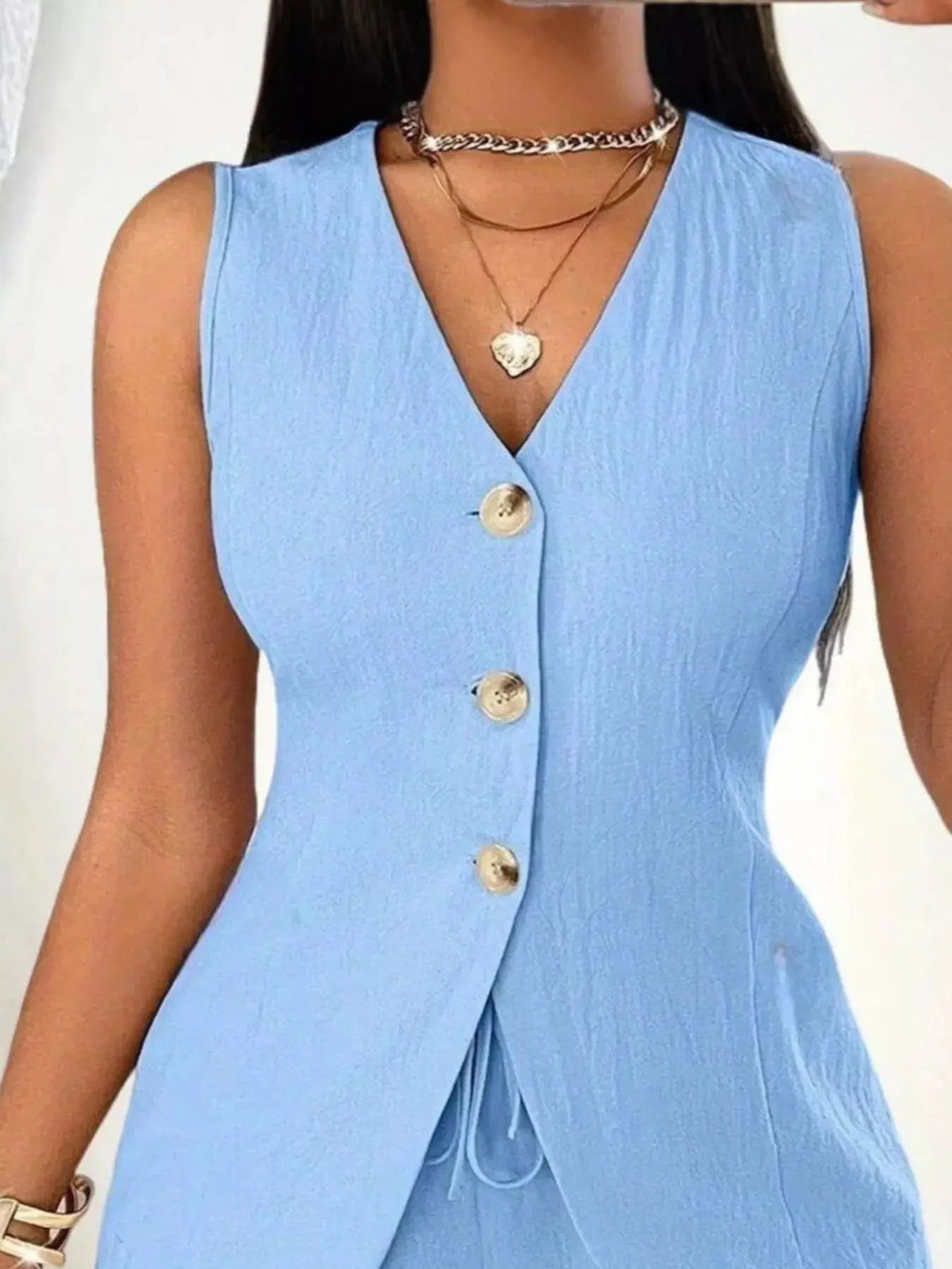 Sleeveless Button-Down Vest & Shorts Set Trendsi