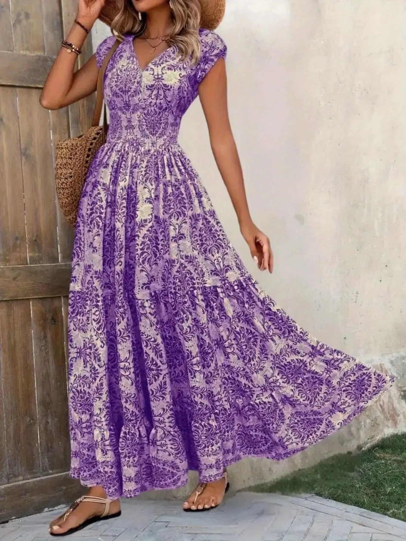 Printed Cap Sleeve Tiered Maxi Dress with Smocked Waist Trendsi