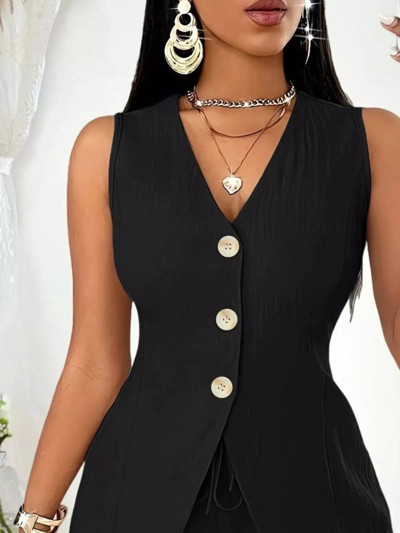 Sleeveless Button-Down Vest & Shorts Set Trendsi