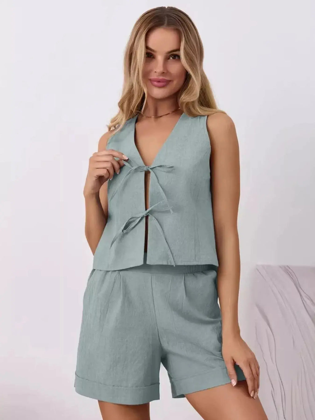 Tie-Front Sleeveless Top and Shorts Set Trendsi