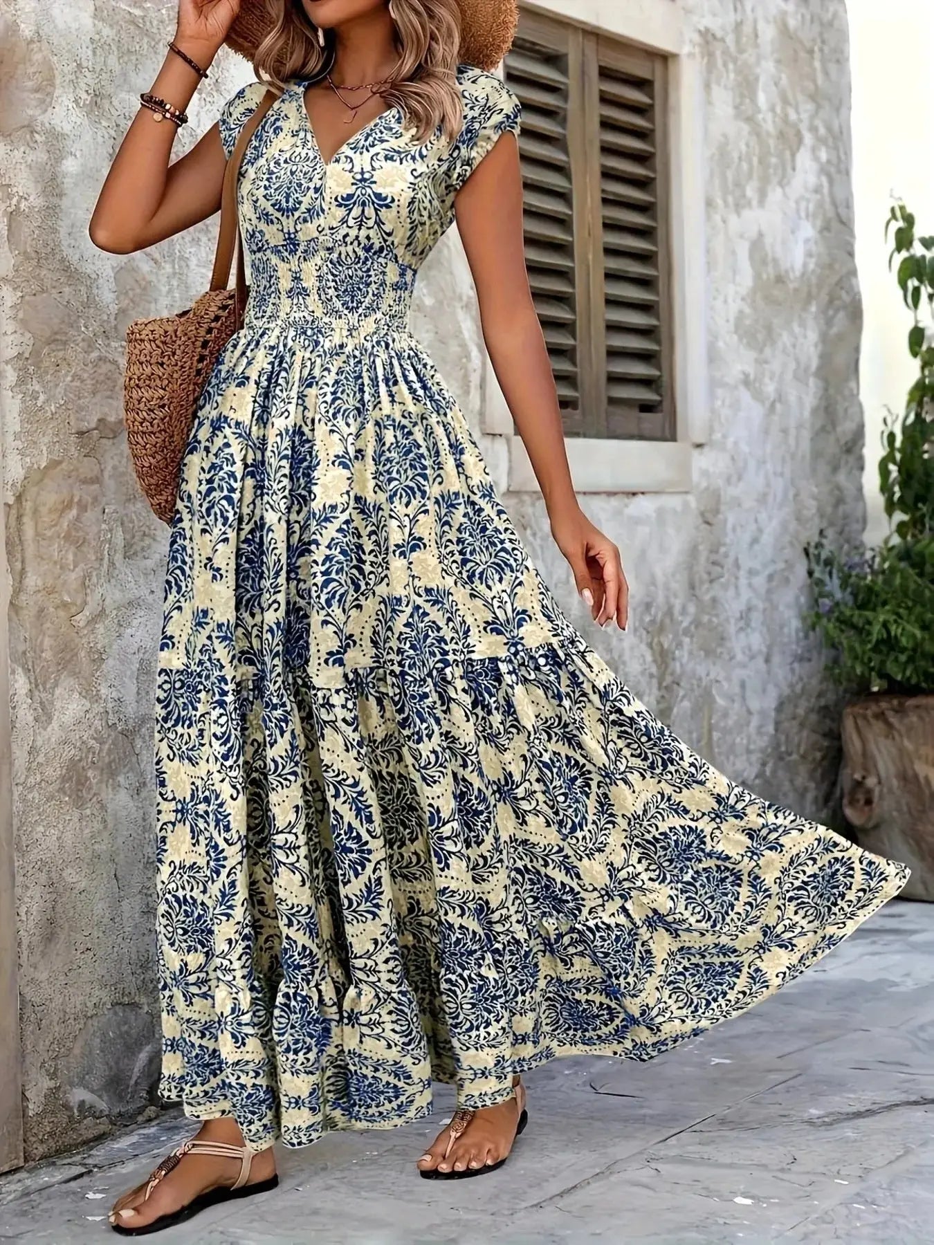 Printed Cap Sleeve Tiered Maxi Dress with Smocked Waist Trendsi