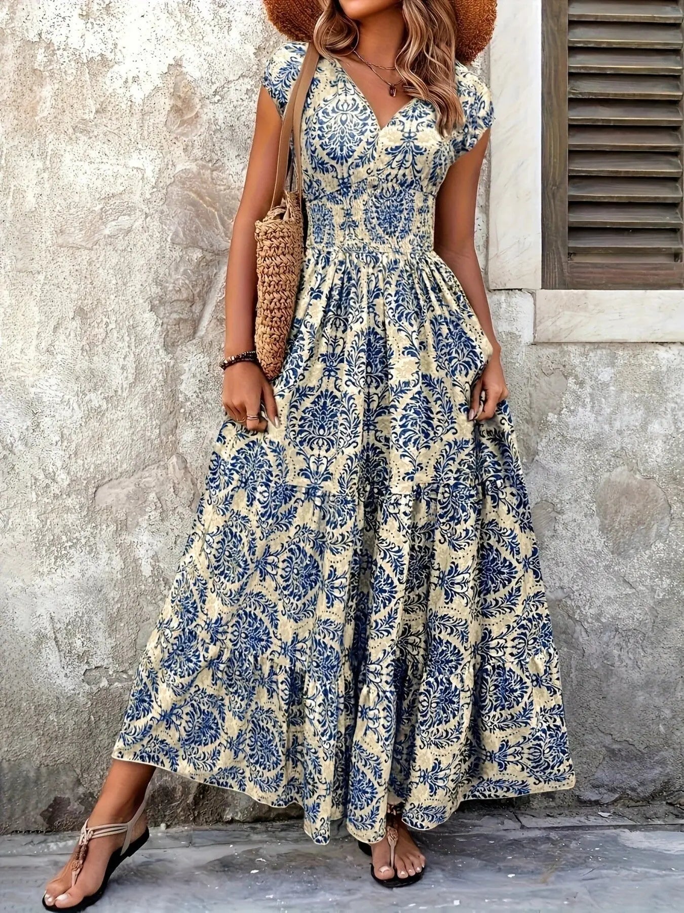 Printed Cap Sleeve Tiered Maxi Dress with Smocked Waist Trendsi