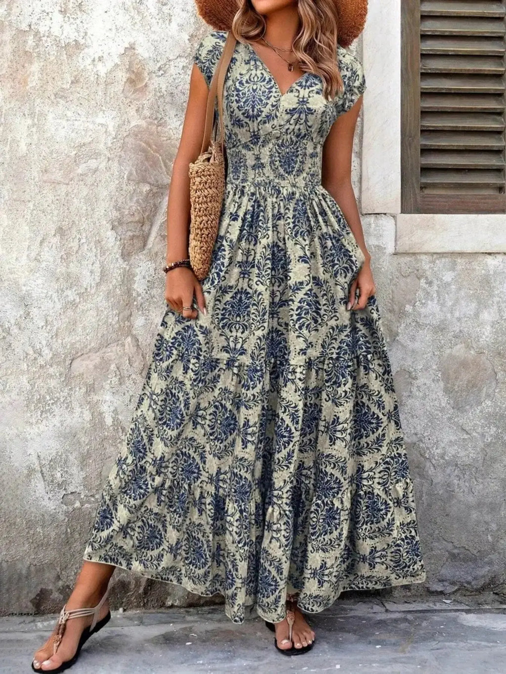 Printed Cap Sleeve Tiered Maxi Dress with Smocked Waist Trendsi