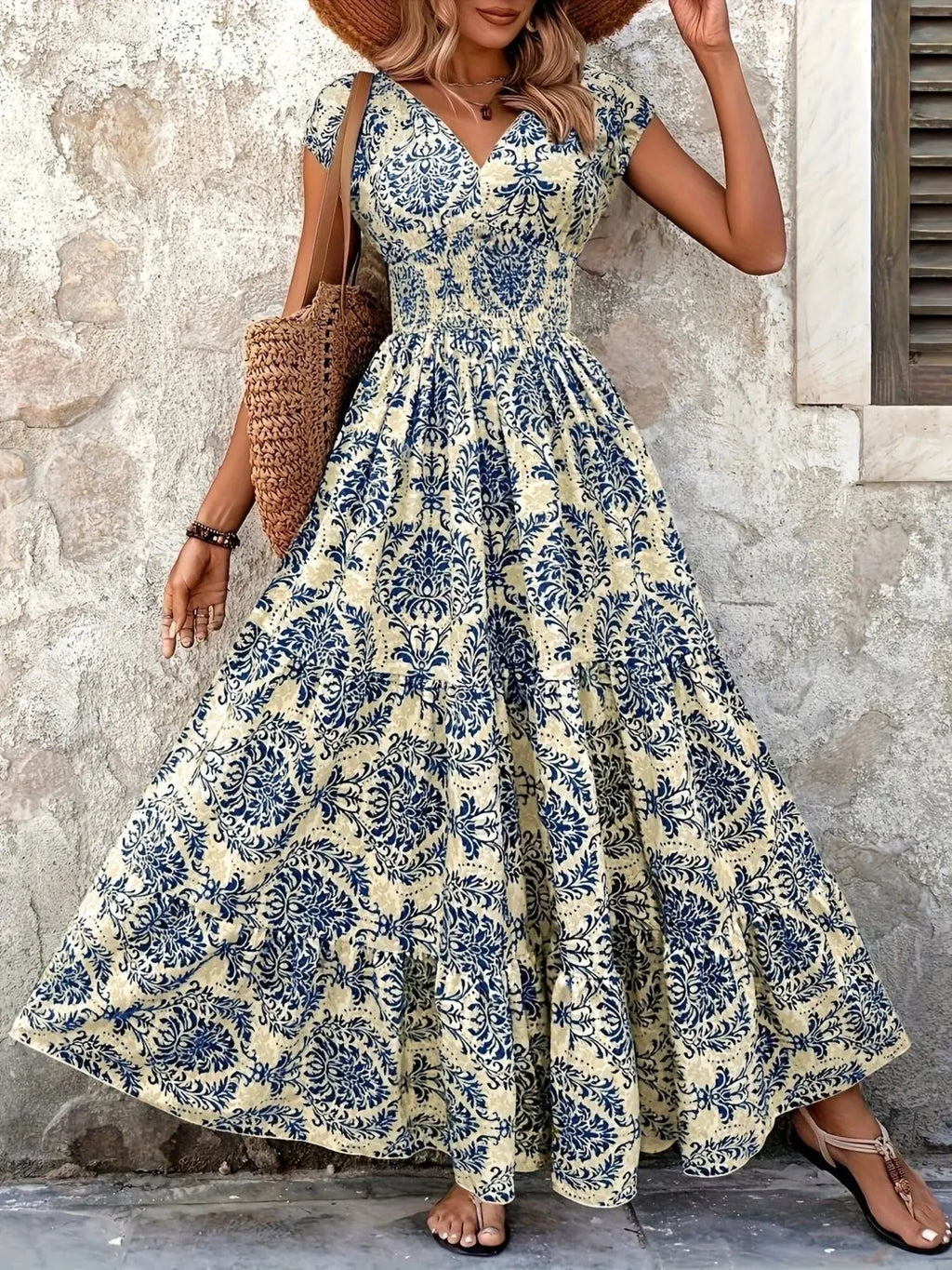 Printed Cap Sleeve Tiered Maxi Dress with Smocked Waist Trendsi