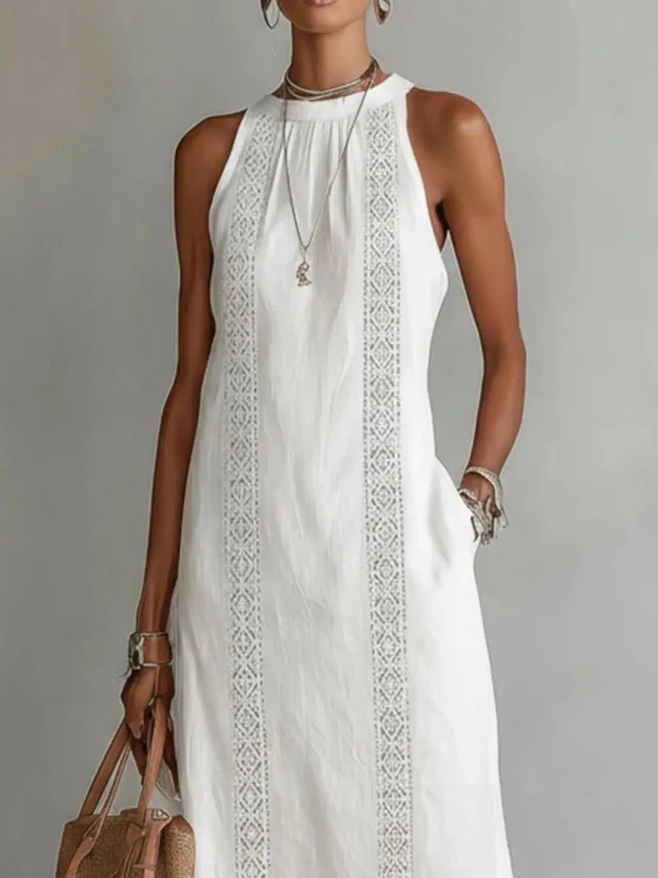 Détail découpes ajourées robe midi sans manches élégante – Fresh & Vintage