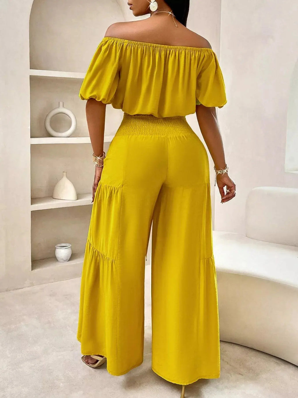 Elegant Off-Shoulder Crop Top and Ruched Wide Leg Pants Set Trendsi