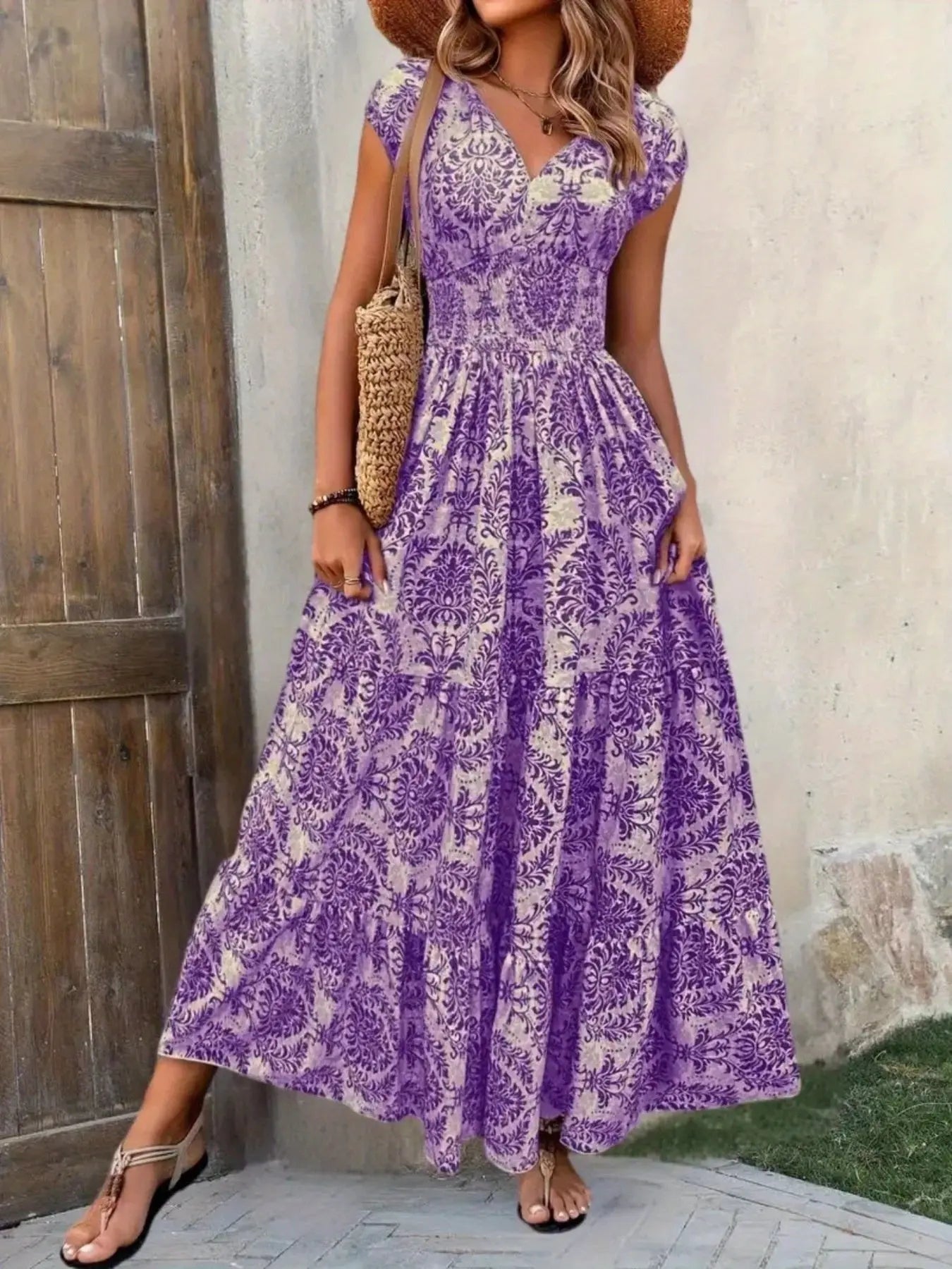 Printed Cap Sleeve Tiered Maxi Dress with Smocked Waist Trendsi
