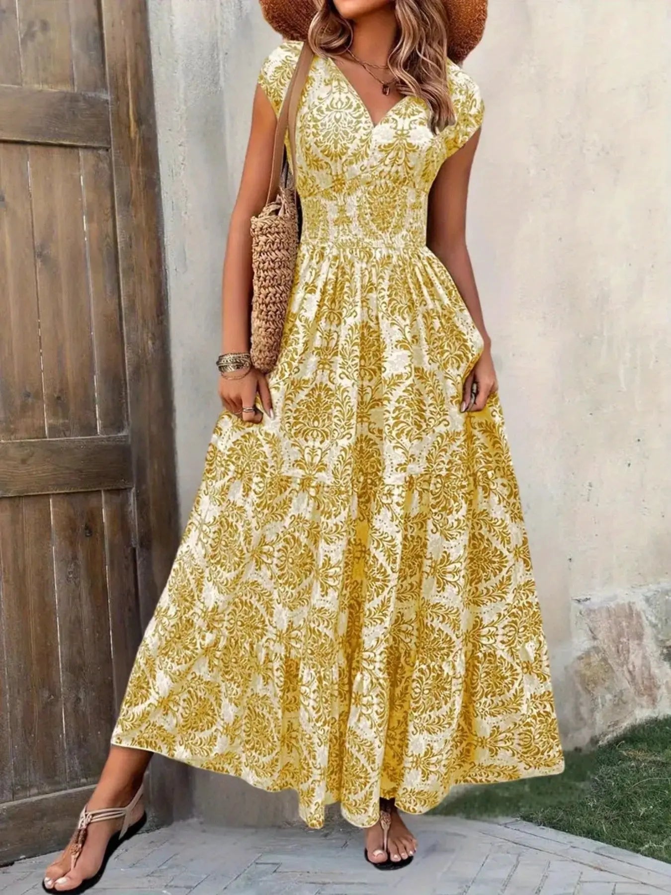 Printed Cap Sleeve Tiered Maxi Dress with Smocked Waist Trendsi