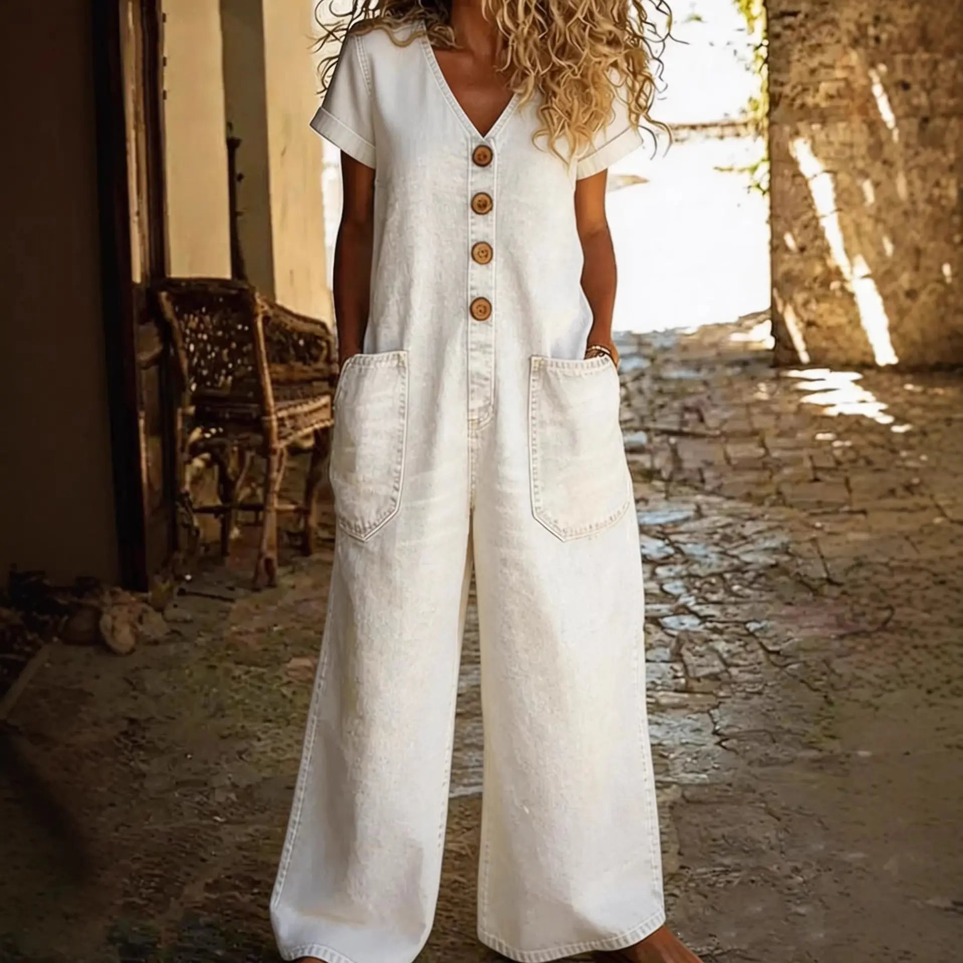 Women Retro Linen Dress, Cotton-Linen Short Sleeve Button Pocket Comfortable Casual Dress - Fresh& Vintage