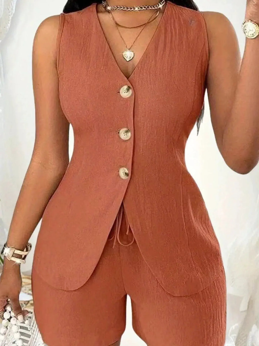 Sleeveless Button-Down Vest & Shorts Set Trendsi