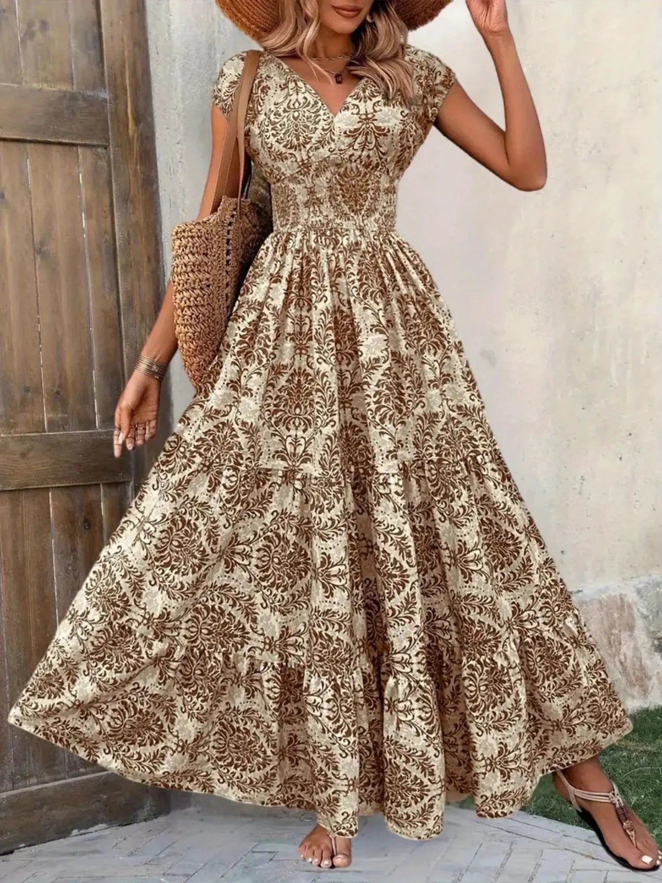 Printed Cap Sleeve Tiered Maxi Dress with Smocked Waist Trendsi