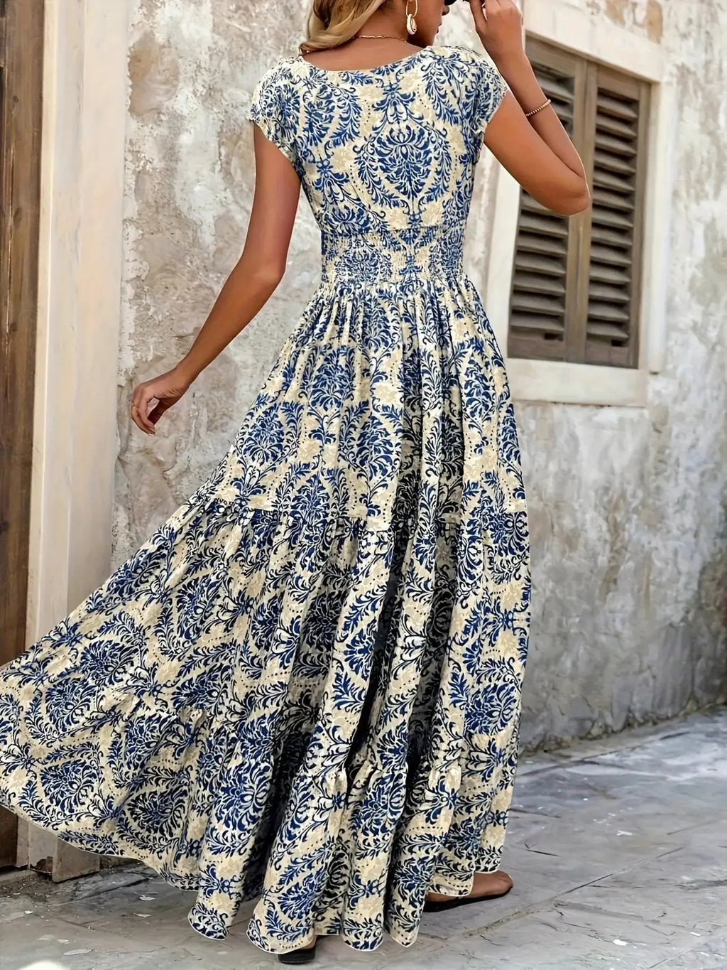 Printed Cap Sleeve Tiered Maxi Dress with Smocked Waist Trendsi