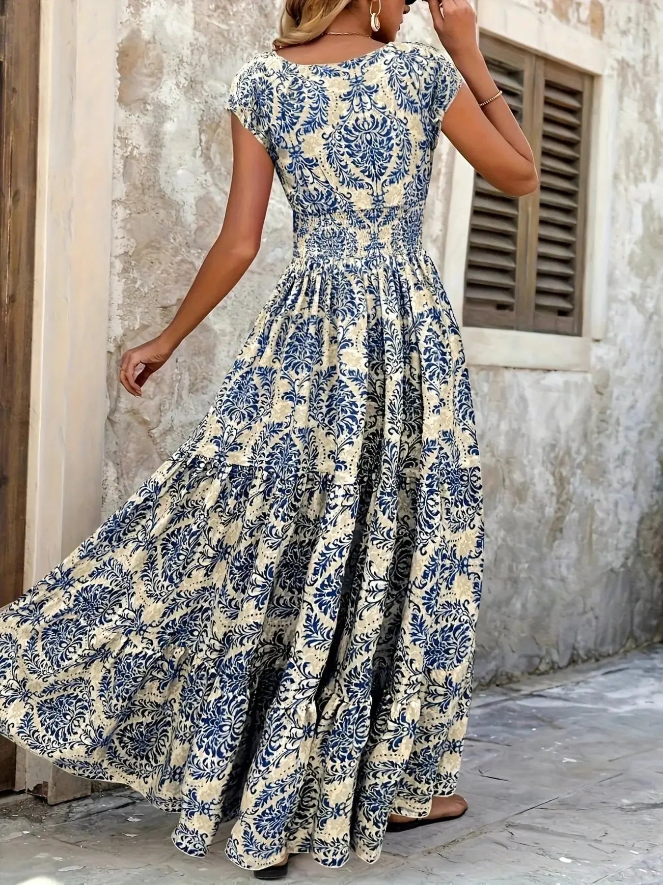 Printed Cap Sleeve Tiered Maxi Dress with Smocked Waist Trendsi