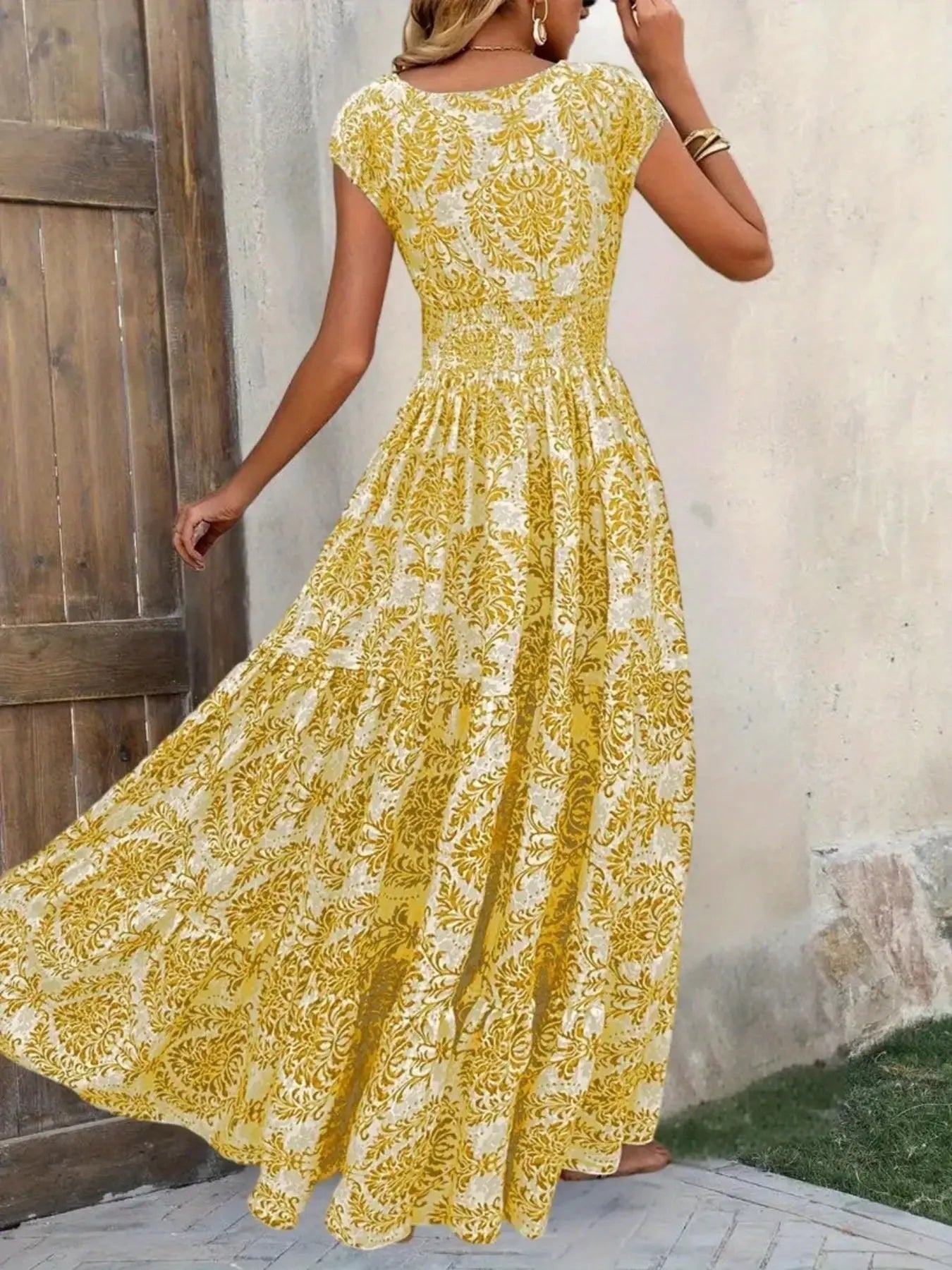 Printed Cap Sleeve Tiered Maxi Dress with Smocked Waist Trendsi