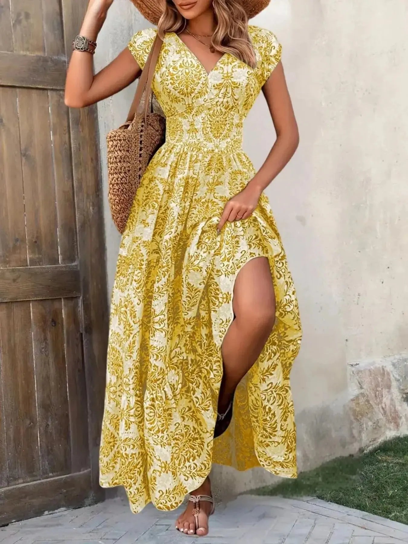 Printed Cap Sleeve Tiered Maxi Dress with Smocked Waist Trendsi