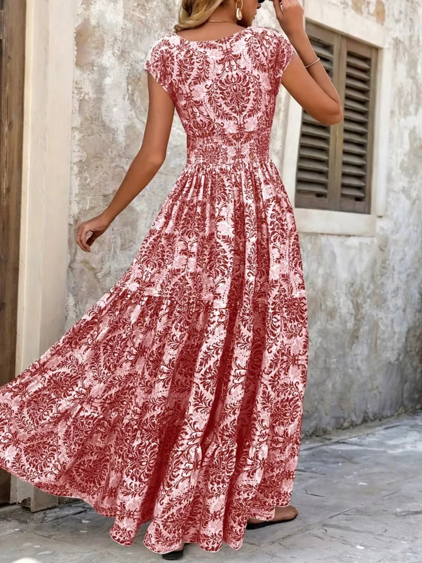 Printed Cap Sleeve Tiered Maxi Dress with Smocked Waist Trendsi