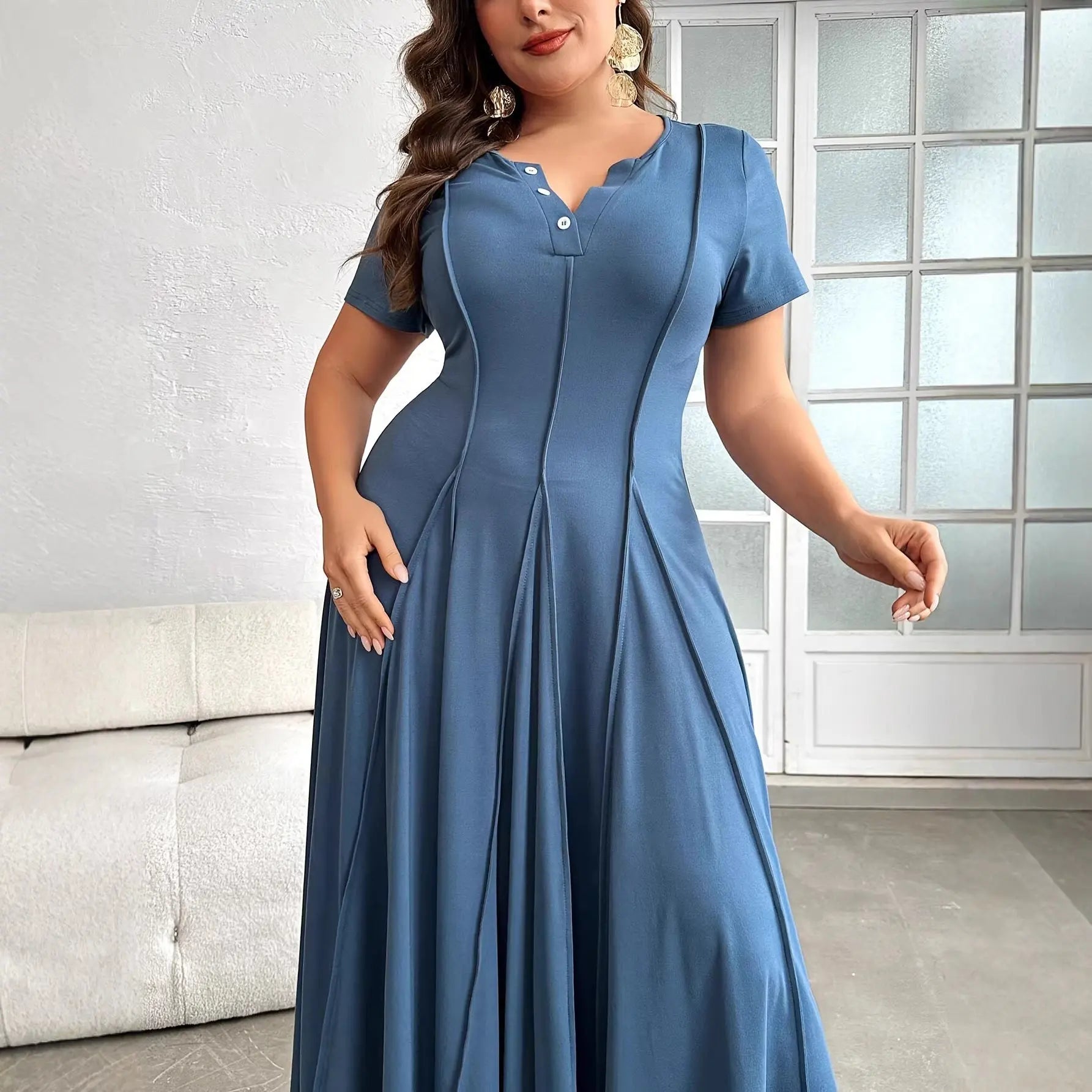 Plus Size Pleated Maxi Dress — Peacock Blue Elegant Commuter - Fresh& Vintage
