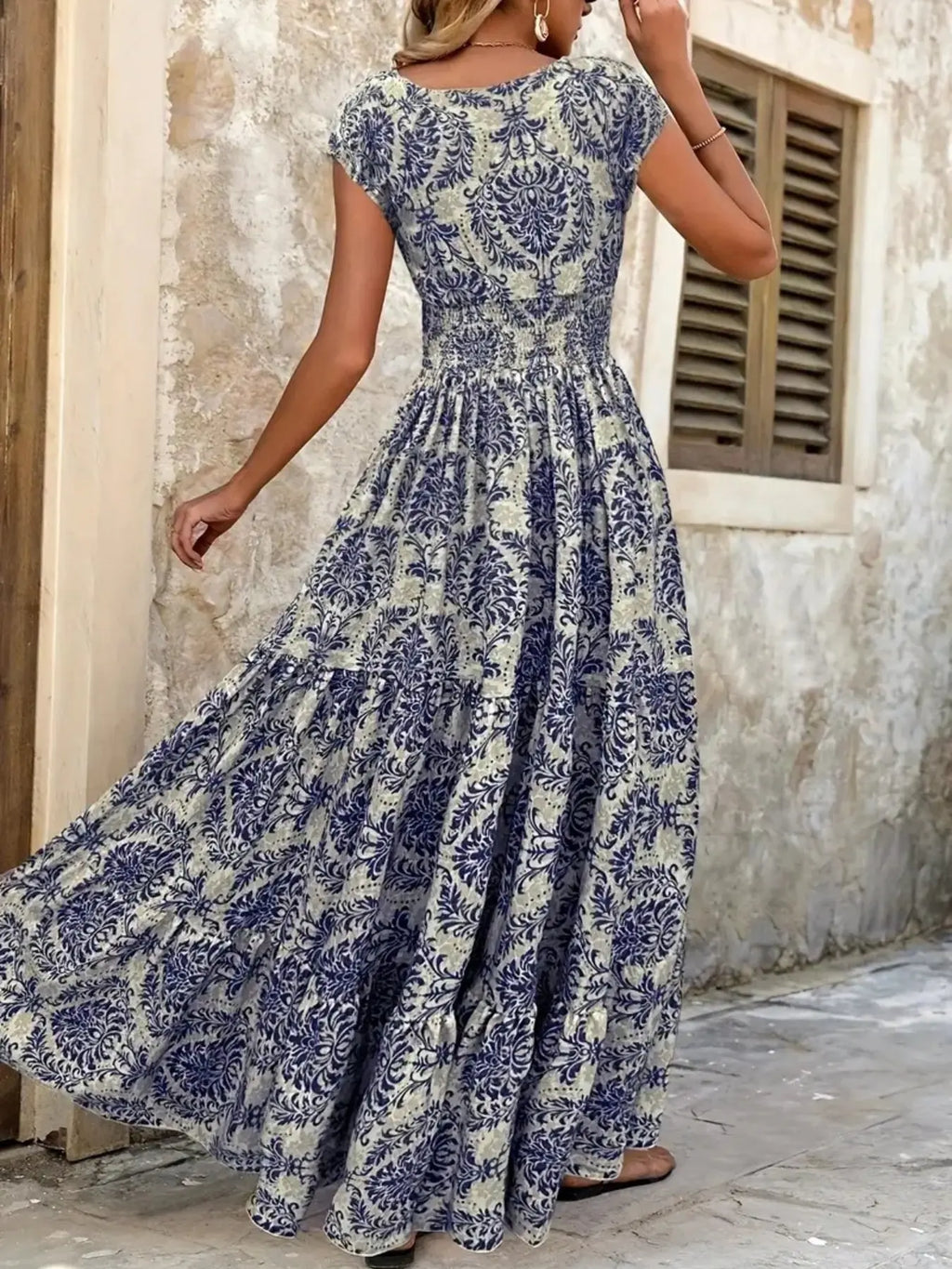 Printed Cap Sleeve Tiered Maxi Dress with Smocked Waist Trendsi