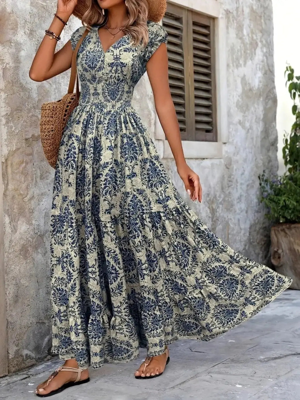 Printed Cap Sleeve Tiered Maxi Dress with Smocked Waist Trendsi