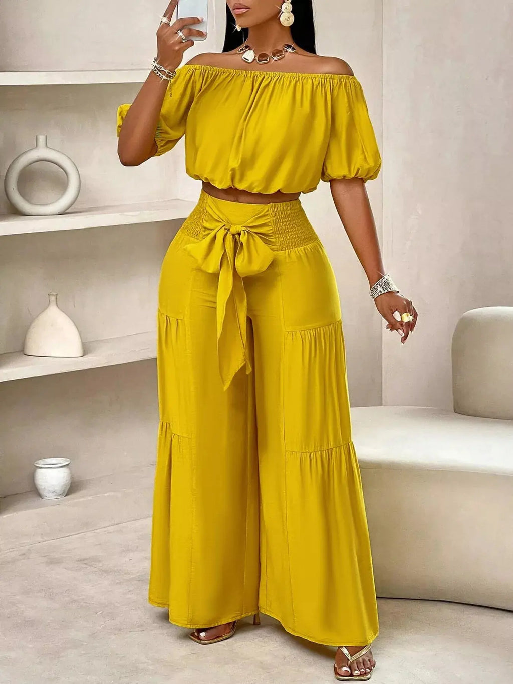 Elegant Off-Shoulder Crop Top and Ruched Wide Leg Pants Set Trendsi