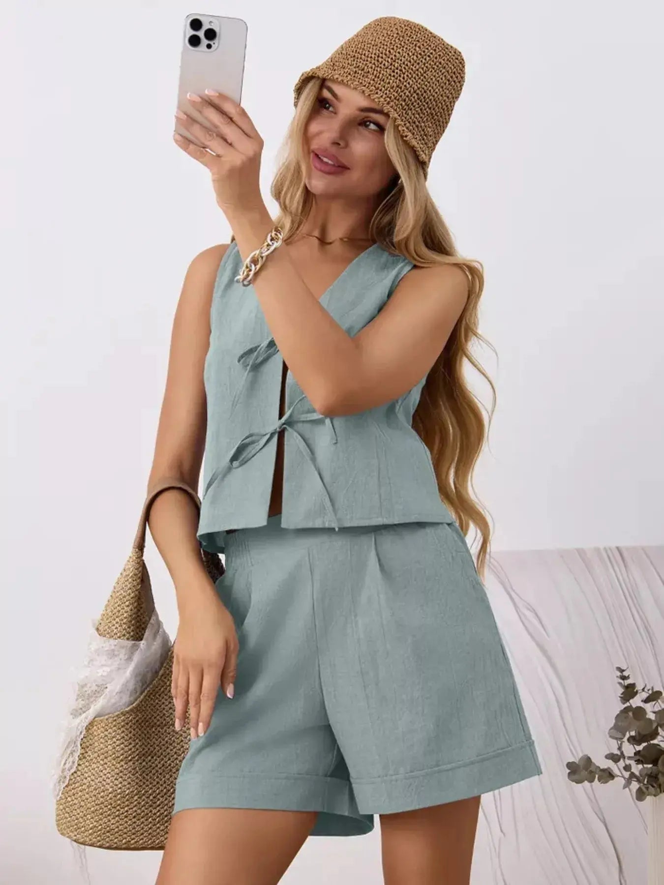 Tie-Front Sleeveless Top and Shorts Set Trendsi