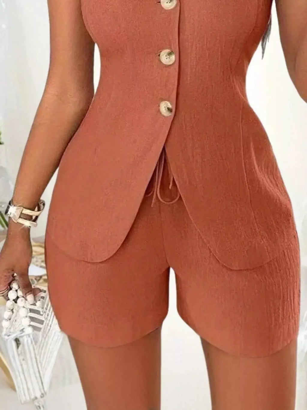 Sleeveless Button-Down Vest & Shorts Set Trendsi