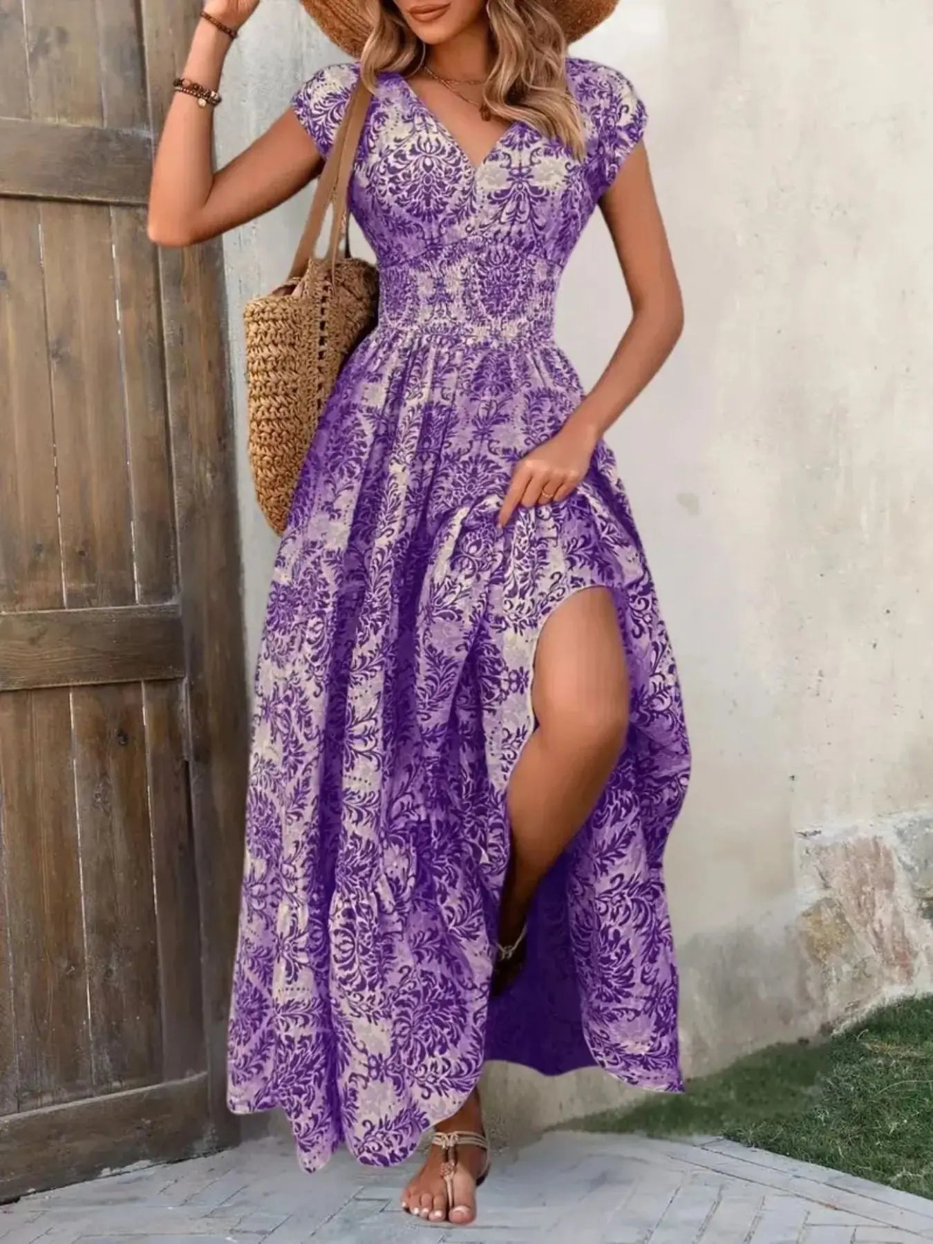 Printed Cap Sleeve Tiered Maxi Dress with Smocked Waist Trendsi