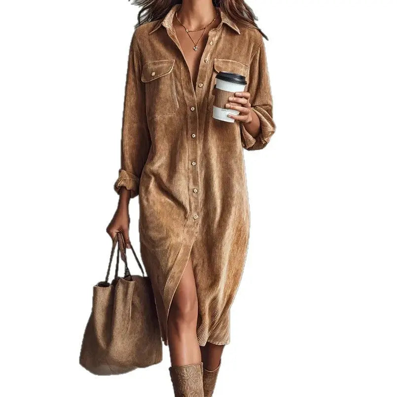 Turn-Down Collar Dress – Women Long Sleeve Solid Casual Holiday Party Dress, Spring Autumn - Fresh& Vintage