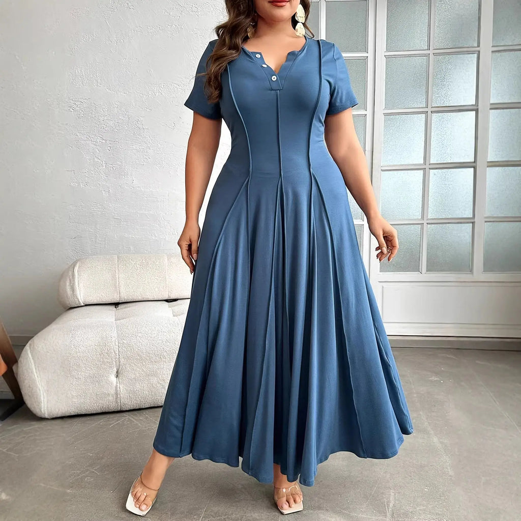 Plus Size Pleated Maxi Dress — Peacock Blue Elegant Commuter - Fresh& Vintage