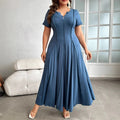 Plus Size Pleated Maxi Dress — Peacock Blue Elegant Commuter - Fresh& Vintage