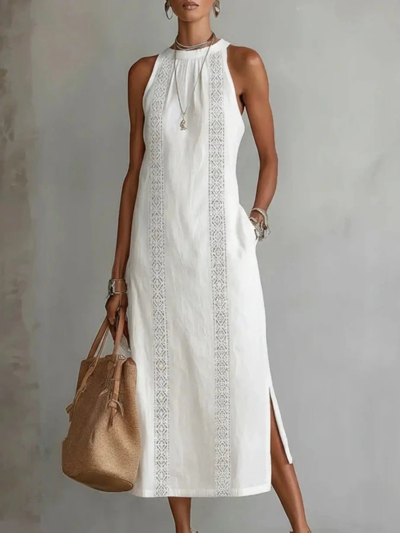 Robe midi sans manches fente latérale découpes ajourées femme – Fresh & Vintage