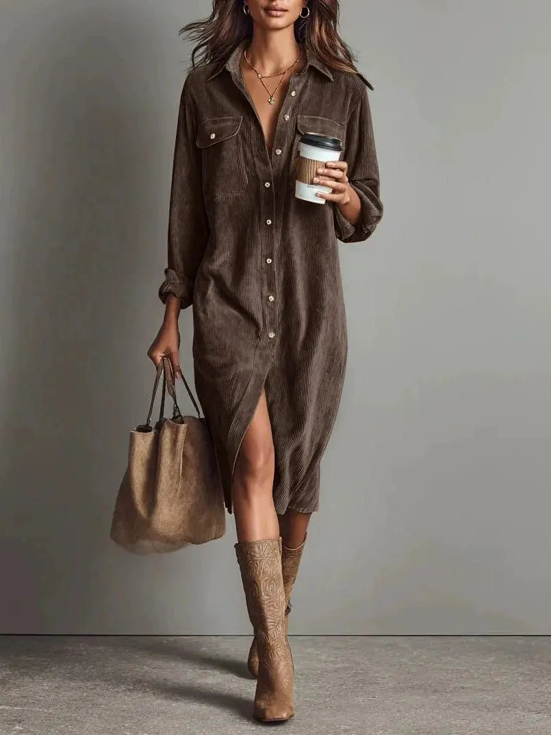 Turn-Down Collar Dress – Women Long Sleeve Solid Casual Holiday Party Dress, Spring Autumn - Fresh& Vintage