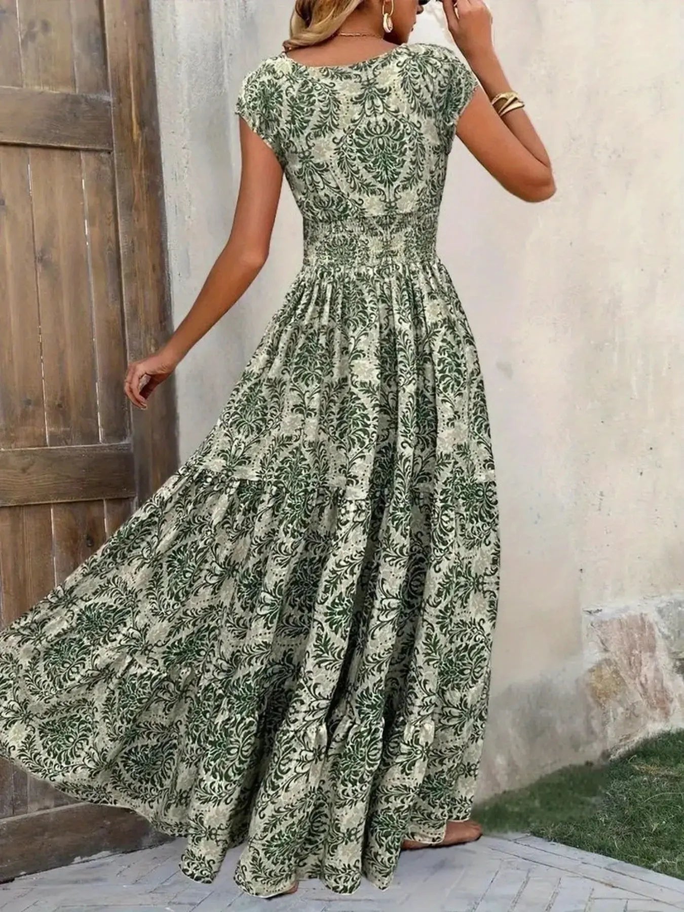 Printed Cap Sleeve Tiered Maxi Dress with Smocked Waist Trendsi