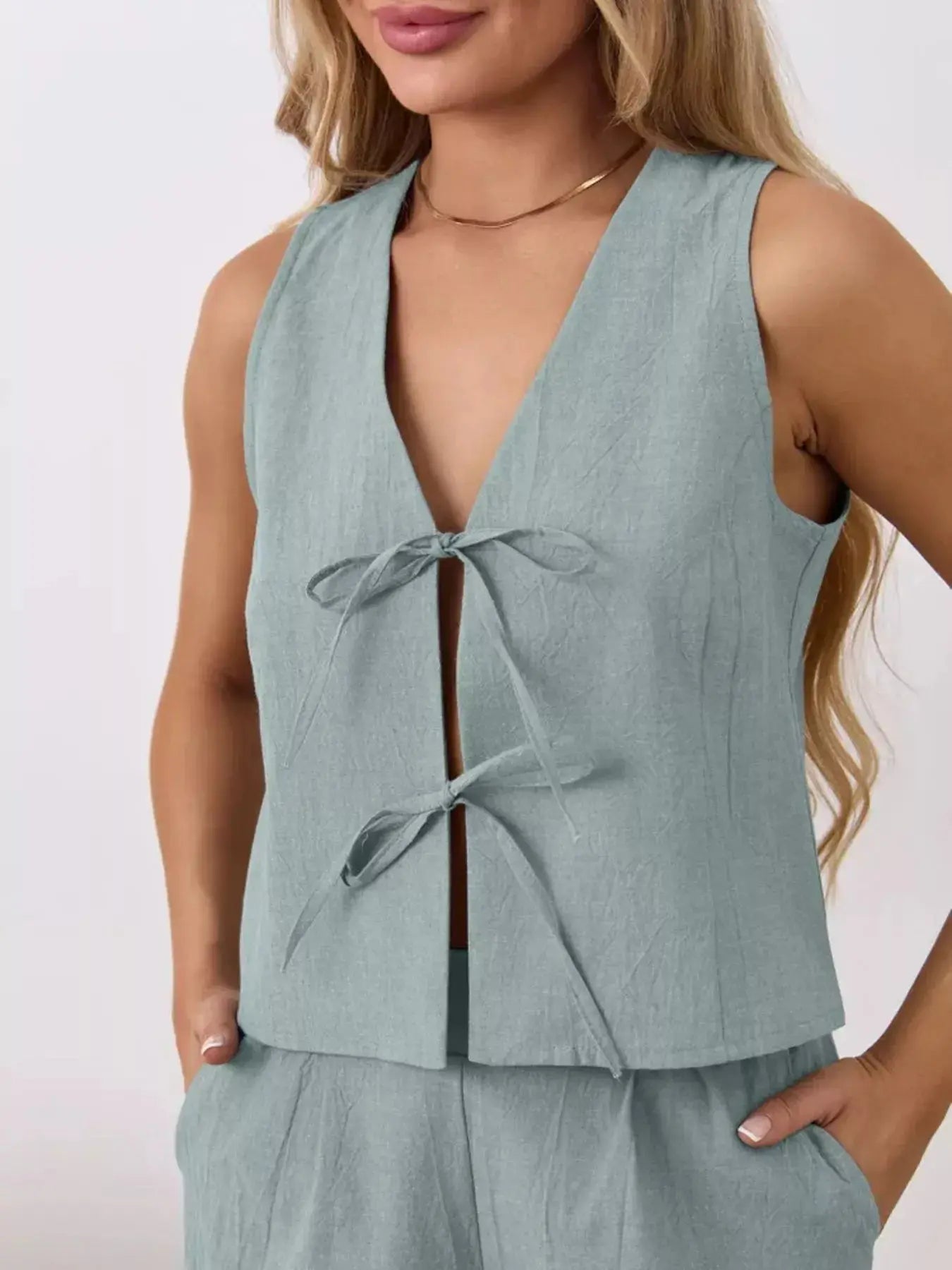 Tie-Front Sleeveless Top and Shorts Set Trendsi