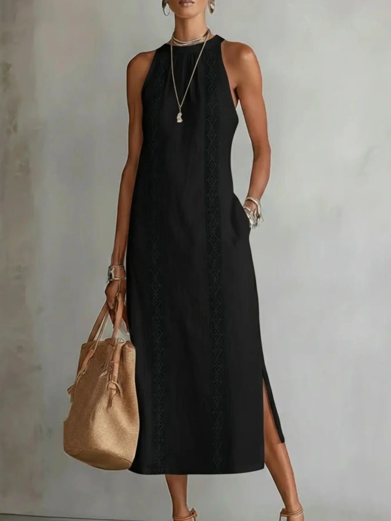 Vue de dos robe midi fente latérale découpes ajourées – Fresh & Vintage