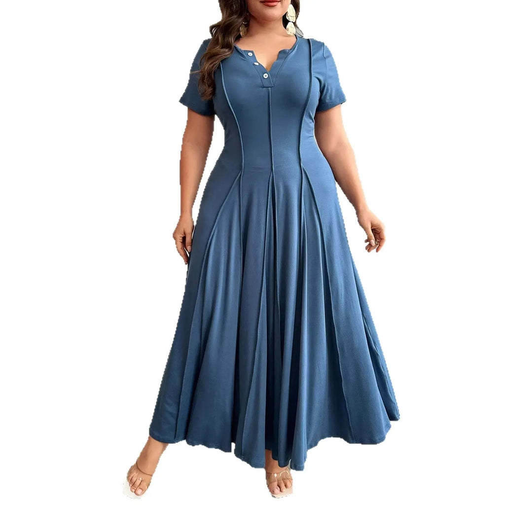 Plus Size Pleated Maxi Dress — Peacock Blue Elegant Commuter - Fresh& Vintage