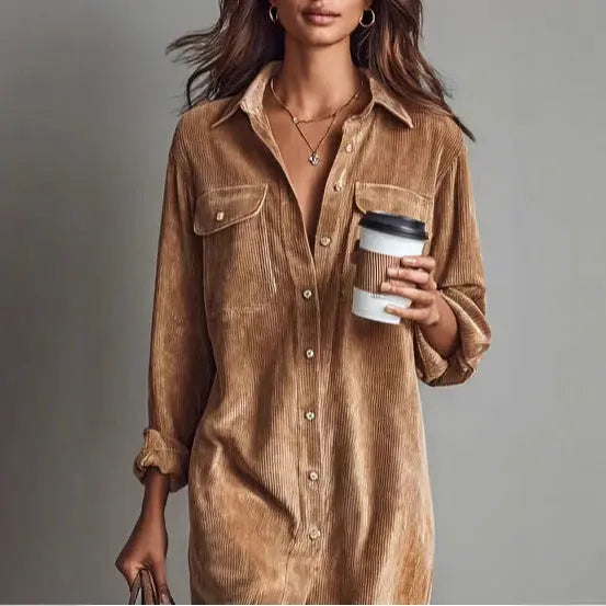 Turn-Down Collar Dress – Women Long Sleeve Solid Casual Holiday Party Dress, Spring Autumn - Fresh& Vintage