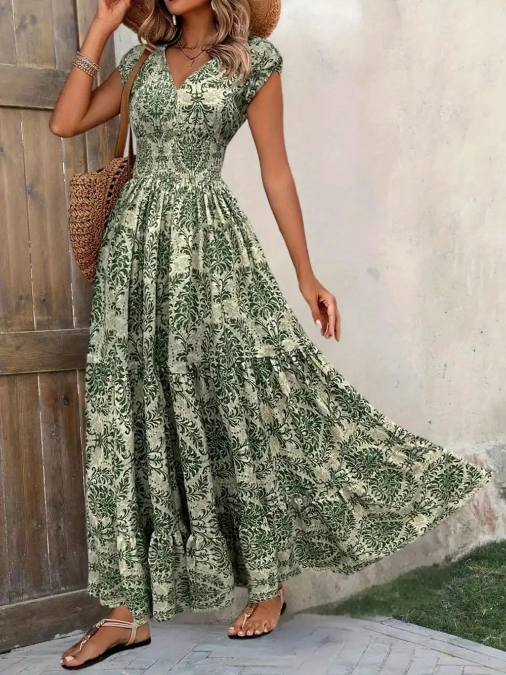Printed Cap Sleeve Tiered Maxi Dress with Smocked Waist Trendsi