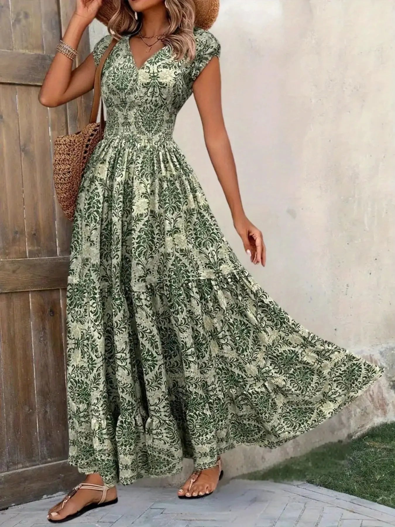 Printed Cap Sleeve Tiered Maxi Dress with Smocked Waist Trendsi